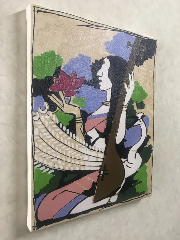 Saraswati_and_Lakshmi-_Set_of_2,_Paintings_by_M.F._Husain,_Framed_Canvas,_Wall_Decor,_Multicolor
