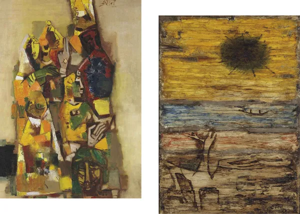 The_Lost_Princess*_(1964)_&_*Wasteland*_(1963)-Set_of_2_Paintings_by_M.F._Husain,_Framed_Canvas,_Wall_Decor,_Multicolor