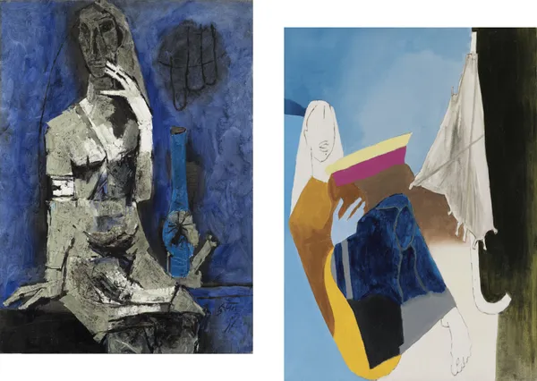 Virgin_Night*_&_*Portrait_of_an_Umbrella*_(1980)-Set_of_2_Paintings_by_M.F._Husain,_Framed_Canvas,_Wall_Decor,_Multicolor