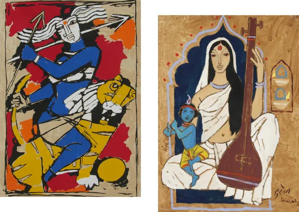 Goddess_Durga*_&_*Meerabai_and_Krishna*-Set_of_2_Paintings_by_M.F._Husain,_Framed_Canvas,_Wall_Decor,_Multicolor