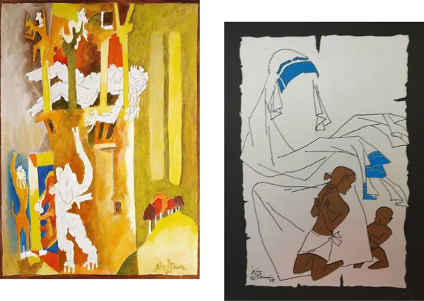 Living_Goddess*_(1960)_&_*Mother_Teresa*-Set_of_2_Paintings_by_M.F._Husain,_Framed_Canvas,_Wall_Decor,_Multicolor