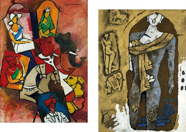 Royal_Procession*_&_*Gautam_Buddha*-Set_of_2_Paintings_by_M.F._Husain,_Framed_Canvas,_Wall_Decor,_Multicolor