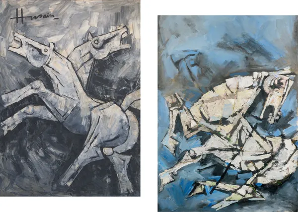 Horse*_&_*Horse's_Pain*-Set_of_2_Paintings_by_M.F._Husain,_Framed_Canvas,_Wall_Decor,_Multicolor