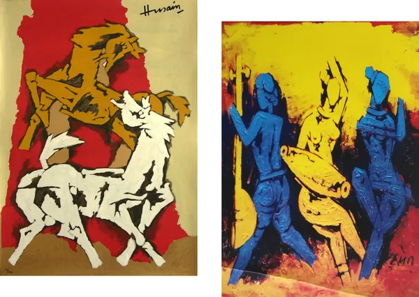 Horse's_Love*_&_*Dancers*-Set_of_2_Paintings_by_M.F._Husain,_Framed_Canvas,_Wall_Decor,_Multicolor