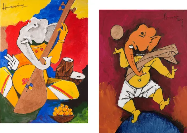 Ganesh_and_Veena*_&_*Ganesh_and_the_Moon*-Set_of_2_Paintings_by_M.F._Husain,_Framed_Canvas,_Wall_Decor,_Multicolor
