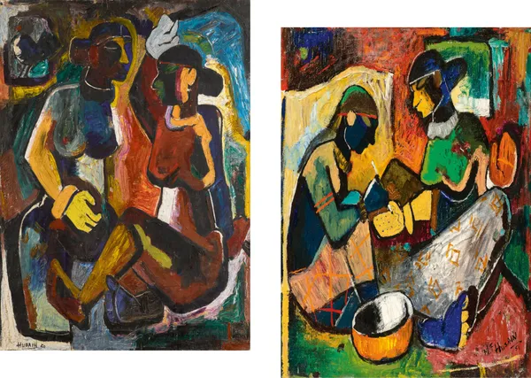 Maharashtriy_Women*_(1950)_&_*Mehendi*_(1951)-Set_of_2_Paintings_by_M.F._Husain,_Set_of_2_(Framed_Canvas,_Wall_D_cor)