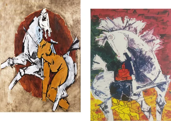 A_Queen's_Horse*_&_*Luv,_Kush_and_the_Horse*-Set_of_2_Paintings_by_M.F._Husain,_Framed_Canvas,_Wall_Decor,_Multicolor