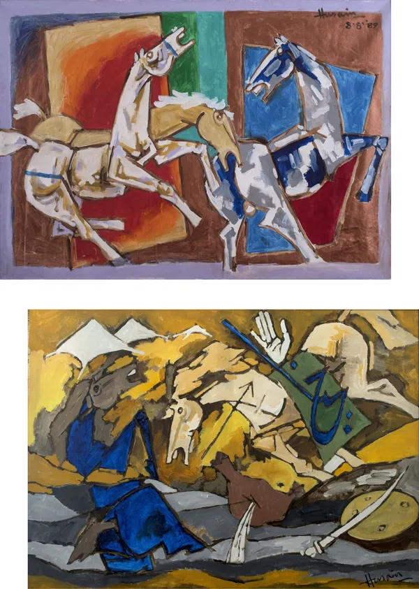 Horses_and_Battles*-Set_of_2_Paintings_by_M.F._Husain,_Framed_Canvas,_Wall_Decor,_Multicolor