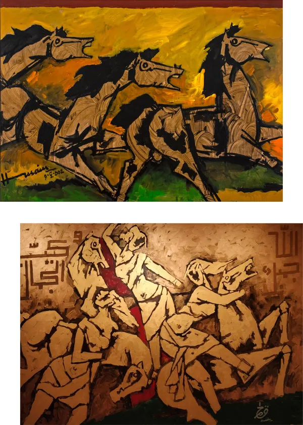 Three_Horses*-Set_of_2_Paintings_by_M.F._Husain,_Framed_Canvas,_Wall_Decor,_Multicolor