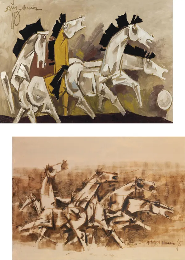 Four_Horses*_-Set_of_2_Paintings_by_M.F._Husain,_Framed_Canvas,_Wall_Decor,_Multicolor