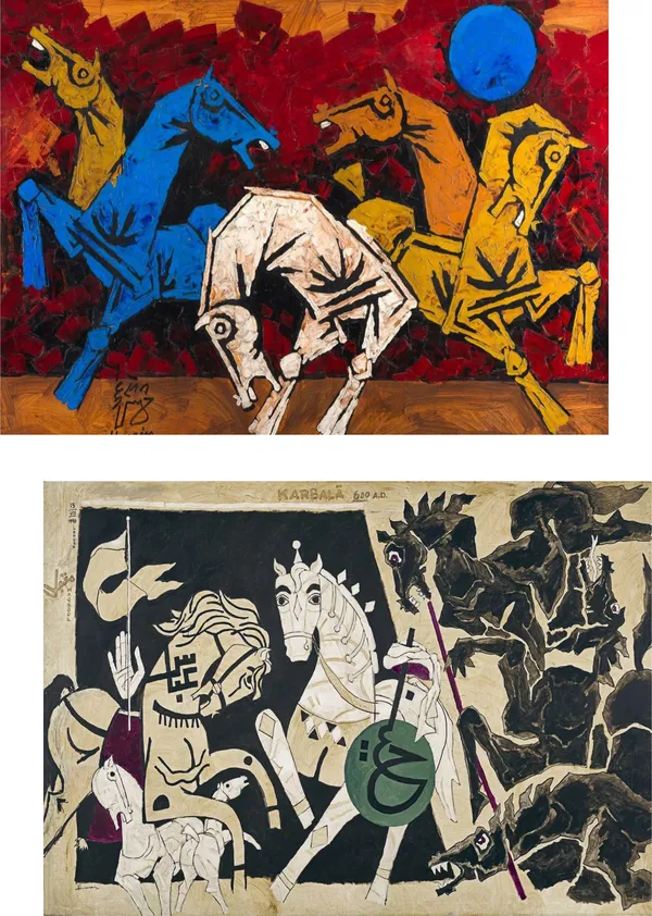 Five_Horses*-Set_of_2_Paintings_by_M.F._Husain,_Framed_Canvas,_Wall_Decor,_Multicolor