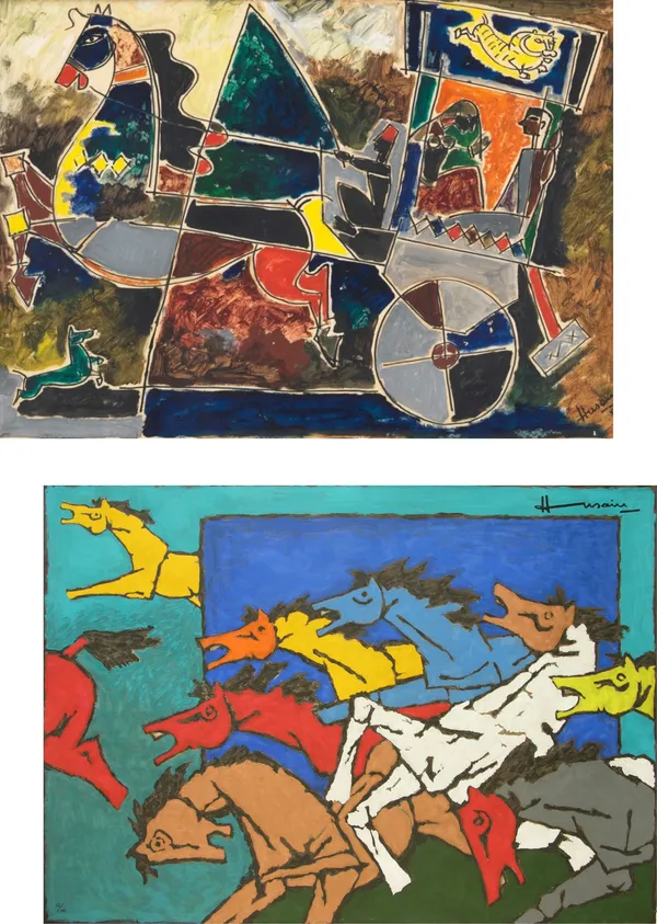 Horses_and_the_Chariot-Set_of_2_Paintings_by_M.F._Husain,_Framed_Canvas,_Wall_Decor,_Multicolor