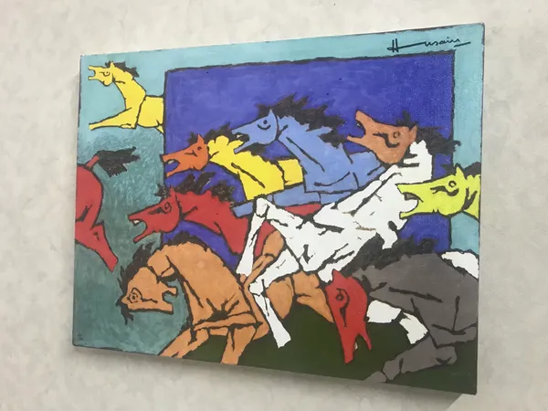 Horses_and_the_Chariot-Set_of_2_Paintings_by_M.F._Husain,_Framed_Canvas,_Wall_Decor,_Multicolor