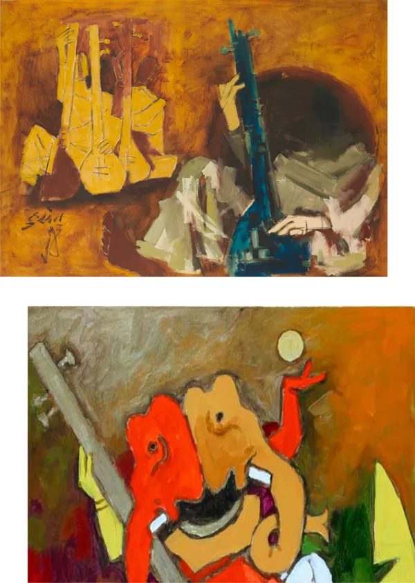 Veena_Players*-Set_of_2_Paintings_by_M.F._Husain,_Framed_Canvas,_Wall_Decor,_Multicolor