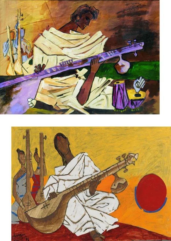 Sitar_Players*-Set_of_2_Paintings_by_M.F._Husain,_Framed_Canvas,_Wall_Decor,_Multicolor