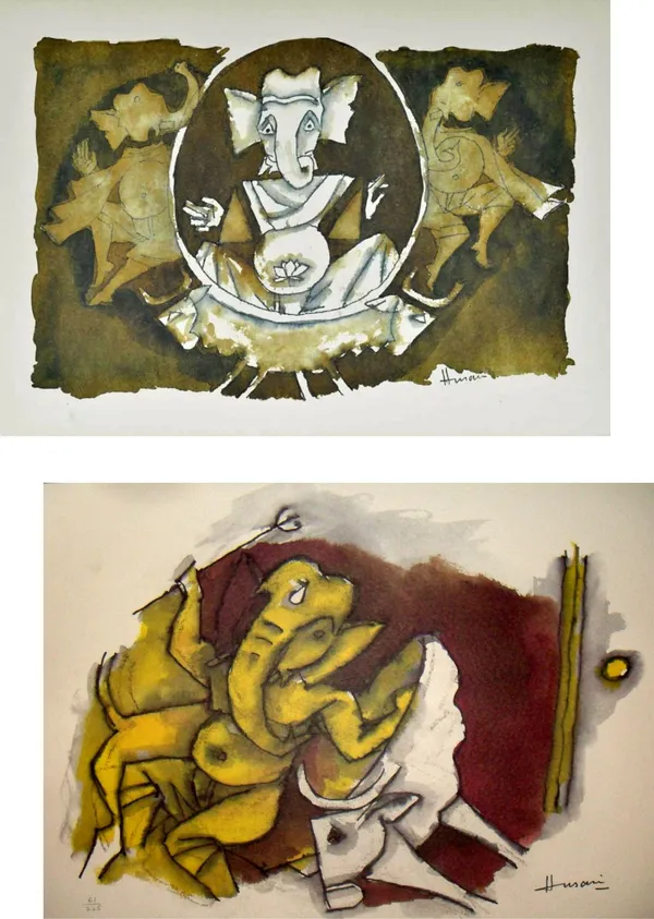 Ganesha's_Tandaw*-Set_of_2_Paintings_by_M.F._Husain,_Framed_Canvas,_Wall_Decor,_Multicolor
