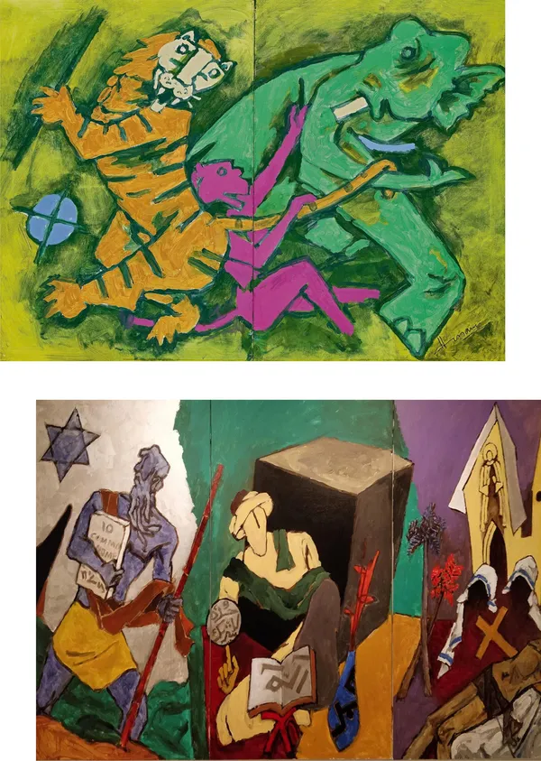 The_Spirit_of_India*-Set_of_2_Paintings_by_M.F._Husain,_Framed_Canvas,_Wall_Decor,_Multicolor