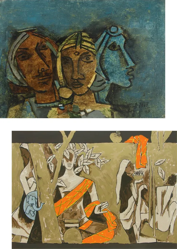 Three_Ladies*_(1963)_&_Buddha-Set_of_2_Paintings_by_M.F._Husain,_Framed_Canvas,_Wall_Decor,_Multicolor