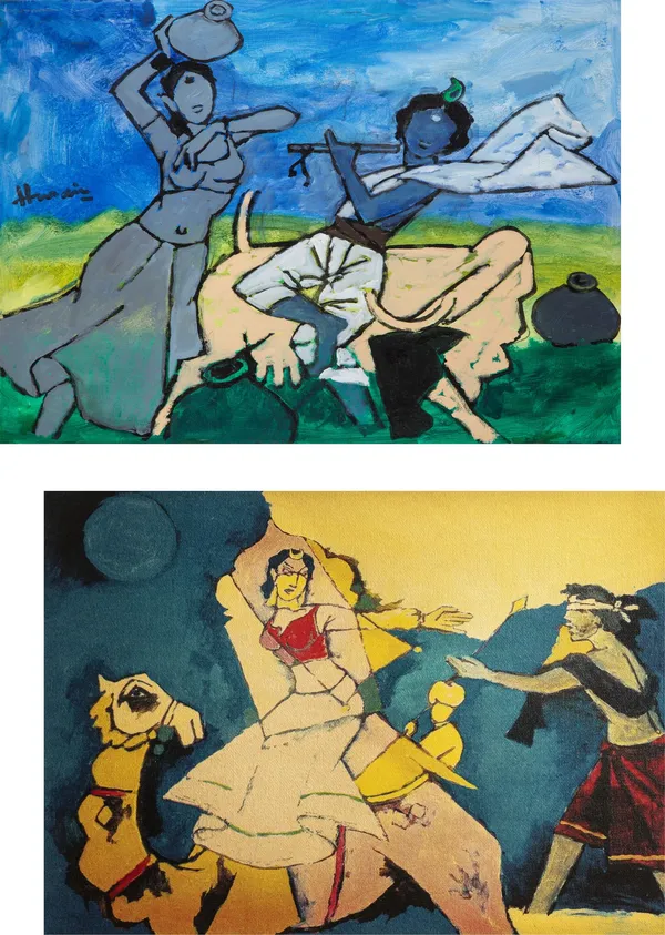 Radha-Krishna*_&_*Laila-Majnu_and_Camel*-Set_of_2_Paintings_by_M.F._Husain,_Framed_Canvas,_Wall_Decor,_Multicolor