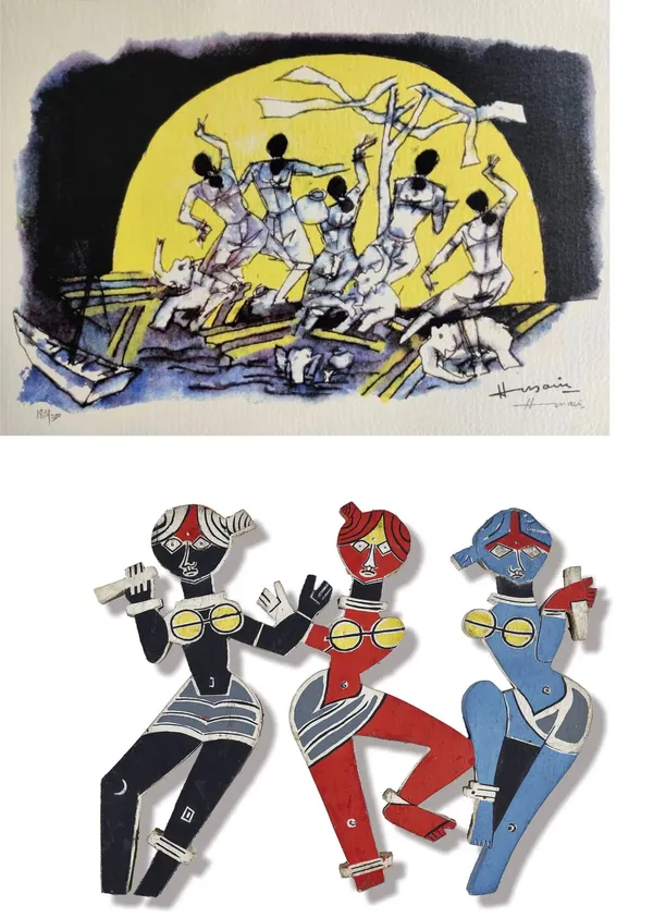 Dancing_Ladies*-Set_of_2_Paintings_by_M.F._Husain,_Framed_Canvas,_Wall_Decor,_Multicolor