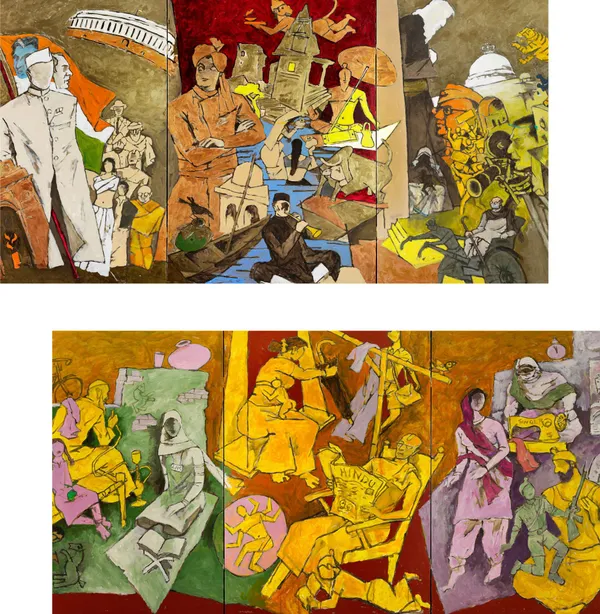 Tale_of_3_Cities*_&_*Modern_India*-_India_Series_Paintings_by_M.F._Husain,_Set_of_2,_Framed_Canvas,_Wall_Decor,_Multicolor