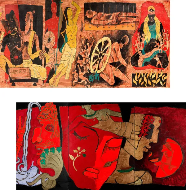 Mahabharat*_&_*Women*-_India_Series_Paintings_by_M.F._Husain,_Set_of_2,_Framed_Canvas,_Wall_Decor,_Multicolor
