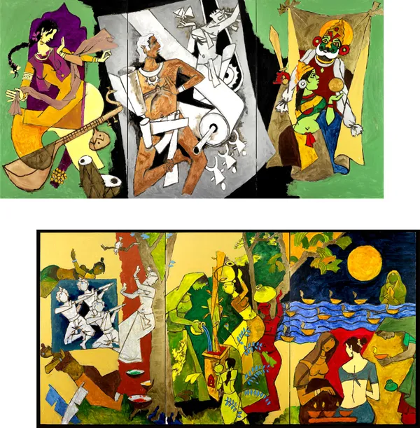 Culture*_&_*Festivals*-_India_Series_Paintings_by_M.F._Husain,_Set_of_2,_Framed_Canvas,_Wall_Decor,_Multicolor