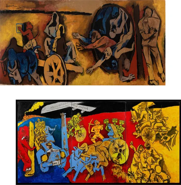 Beyond_Theory*_&_*Transport_Modes*-_India_Series_Paintings_by_M.F._Husain,_Set_of_2,_Framed_Canvas,_Wall_Decor,_Multicolor