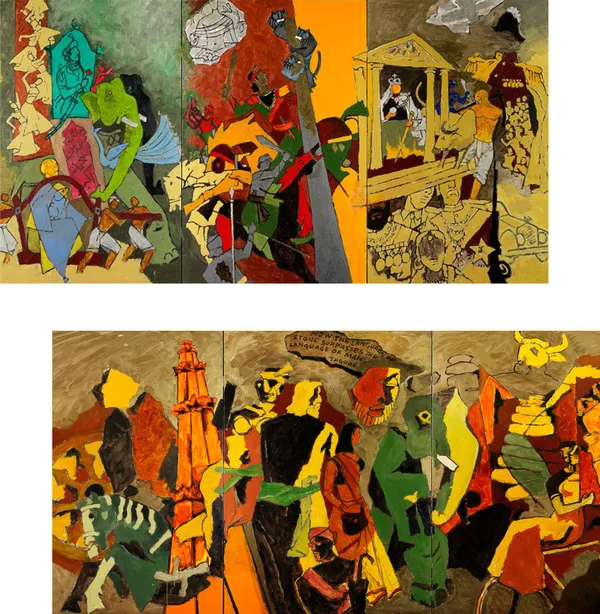 3_Dynasties*_&_*Tribhang*-_India_Series_Paintings_by_M.F._Husain,_Set_of_2,_Framed_Canvas,_Wall_Decor,_Multicolor