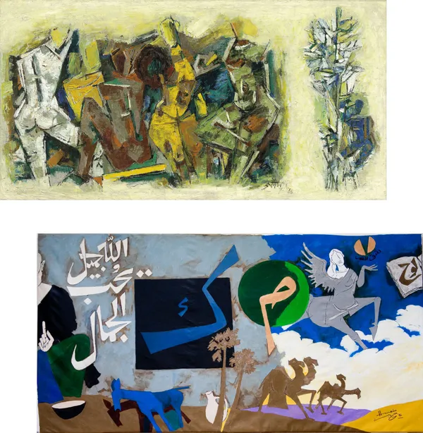 The_Women*_&_*The_People*-_India_Series_Paintings_by_M.F._Husain,_Set_of_2,_Framed_Canvas,_Wall_Decor,_Multicolor