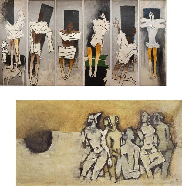 Mahatma's_Story*_&_*The_Community*-_India_Series_Paintings_by_M.F._Husain,_Set_of_2,_Framed_Canvas,_Wall_Decor,_Multicolor