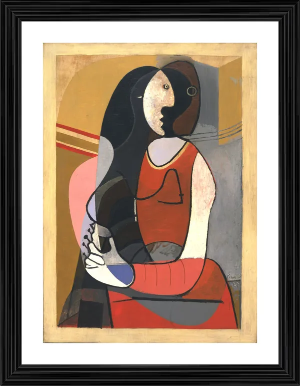 Seated_Woman,_1923,_A_Painting_by_Pablo_Picasso,_Framed,_Wall_Decor,_Multicolor