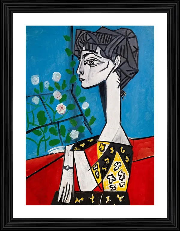 Jacqueline_with_Flowers_1954,_A_Painting_by_Pablo_Picasso,_Framed,_Wall_Decor,_Multicolor