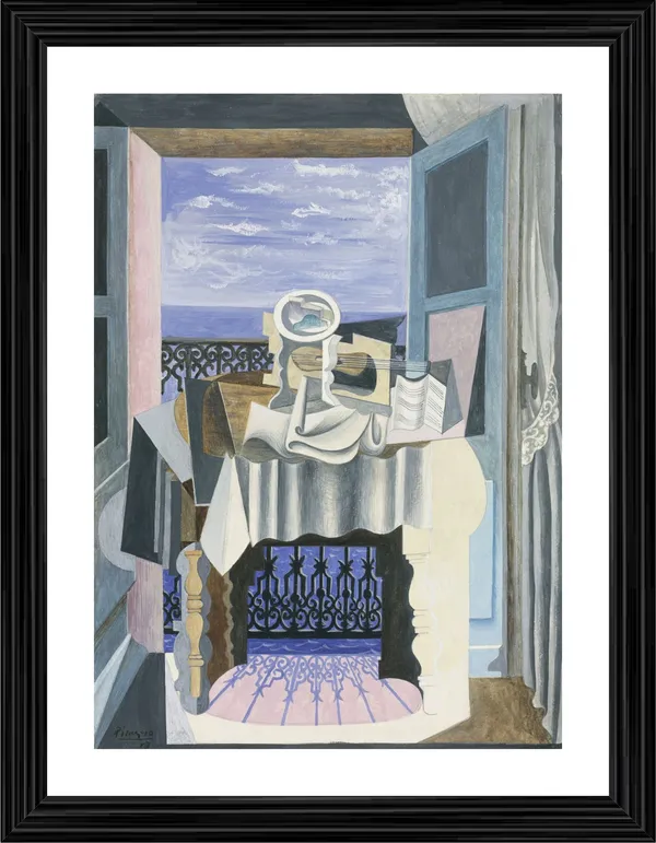 Still_Life_in_Front_of_A_Window_at_Saint-Raphael_1919,_A_Painting_by_Pablo_Picasso,_Framed,_Wall_Decor,_Multicolor