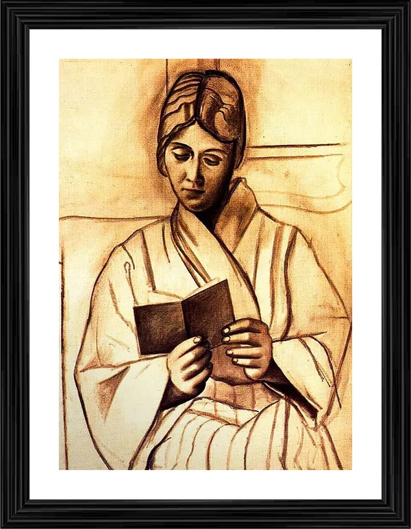 Woman_(Olga)_Reading_A_Book,_1920,_A_Painting_by_Pablo_Picasso,_Framed,_Wall_Decor,_Multicolor