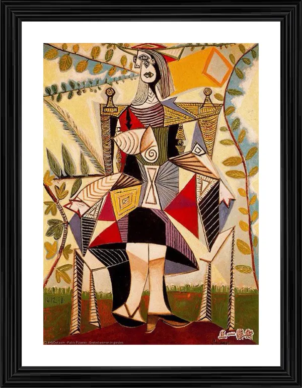 Seated_Woman_in_A_Garden_1938,_A_Painting_by_Pablo_Picasso,_Framed,_Wall_Decor,_Multicolor