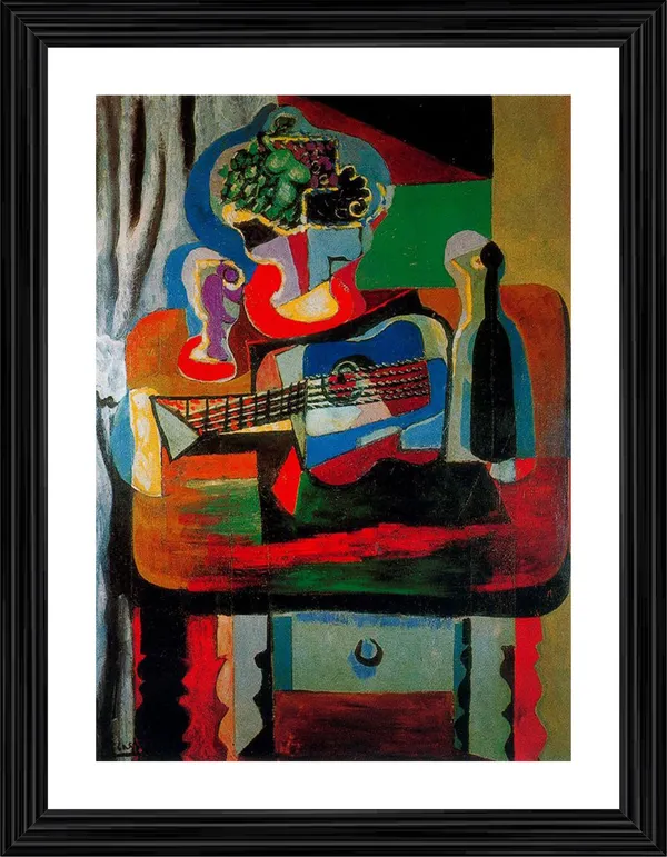 Guitar,_Bottle,_Fruit_Dish_and_Glass_1919,_A_Painting_by_Pablo_Picasso,_Framed,_Wall_Decor,_Multicolor