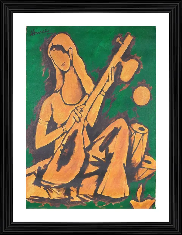 Lady_with_Veena-_M.F._Husain's_Painting,_Framed,_Wall_Decor,_Multicolor