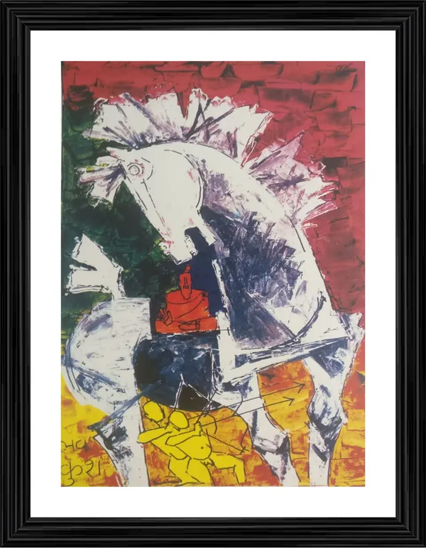 Luv,_Kush_and_the_Horse-_M.F._Husain's_Painting,_Framed,_Wall_Decor,_Multicolor