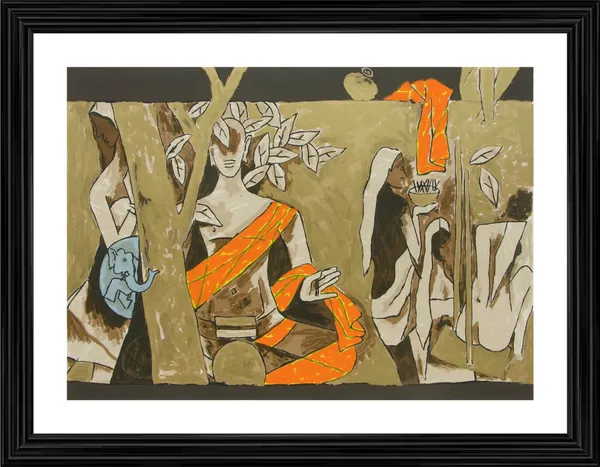 Buddha_&_Tree_of_Knowledge-_M.F._Husain's_Painting,_Framed,_Wall_Decor,_Multicolor