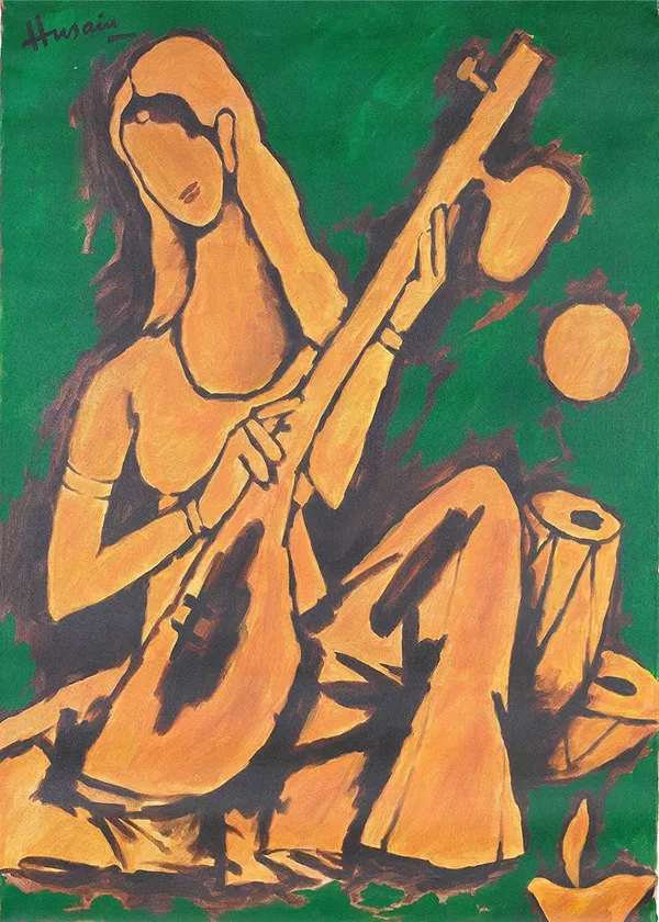Lady_with_Veena-_M.F._Husain's_Painting,_Framed_Canvas,_Wall_Decor,_Multicolor