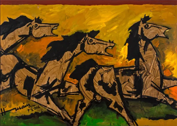 Three_Horses-_M.F._Husain's_Painting,_Framed_Canvas,_Wall_Decor,_Multicolor