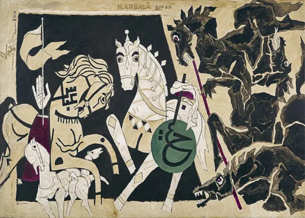 Five_Horses_and_the_Battle-_M.F._Husain's_Painting,_Framed_Canvas,_Wall_Decor,_Multicolor