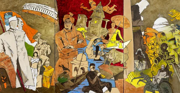Tale_of_3_Cities_(India_Series_Paintings)-_M.F._Husain's_Painting,_Framed_Canvas,_Wall_Decor,_Multicolor