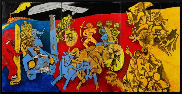 Transport_Modes_(India_Series_Paintings)-_M.F._Husain's_Painting,_Framed_Canvas,_Wall_Decor,_Multicolor