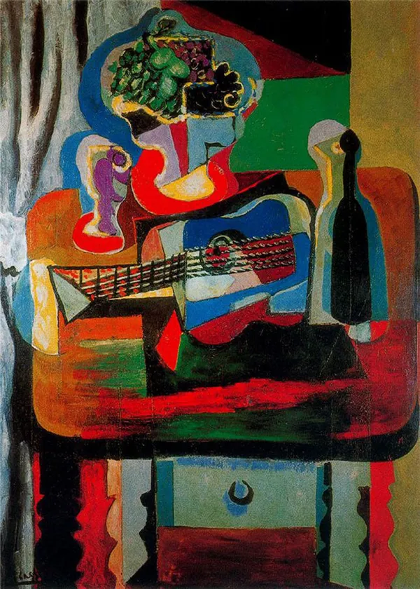 *Guitar,_Bottle_&_Fruit_Dish*_(1919),_A_Painting_by_Picasso,_Unframed_Canvas_Print,_Multicolor