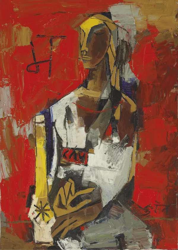 Woman_in_Red_(1964)-_M.F._Husain's_Painting,_Unframed_Canvas_Print,_Wall_Decor,_Multicolour