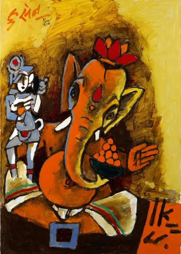 *Ganesha_Teaches*_(2008)-_M.F._Husain's_Painting,_Unframed_Canvas_Print,_Wall_Decor,_Multicolour