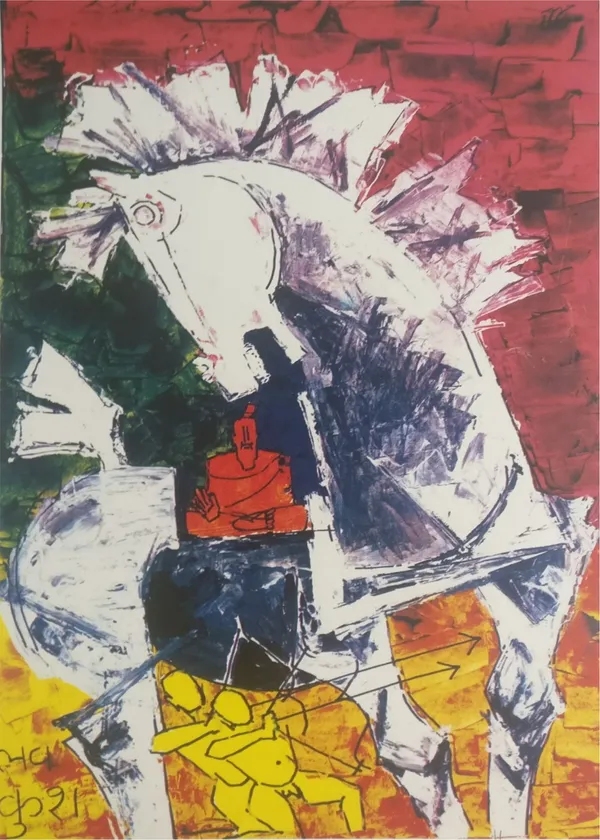 *Luv,_Kush_and_the_Horse*-_M.F._Husain's_Painting,_Unframed_Canvas_Print,_Wall_Decor,_Multicolour