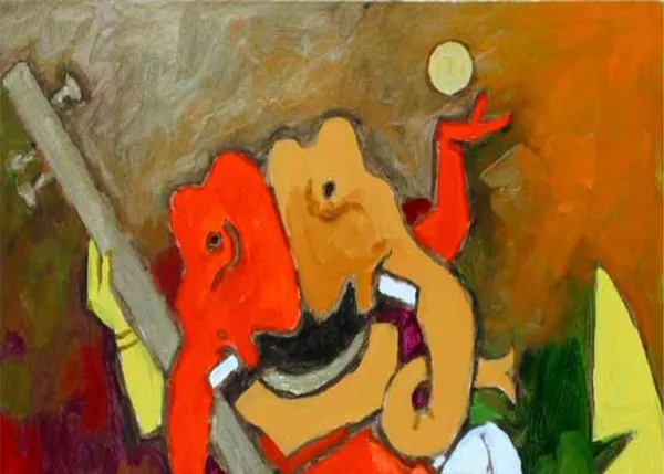 *Ganesh_Playing_Veena*-_M.F._Husain's_Painting,_Unframed_Canvas_Print,_Wall_Decor,_Multicolour